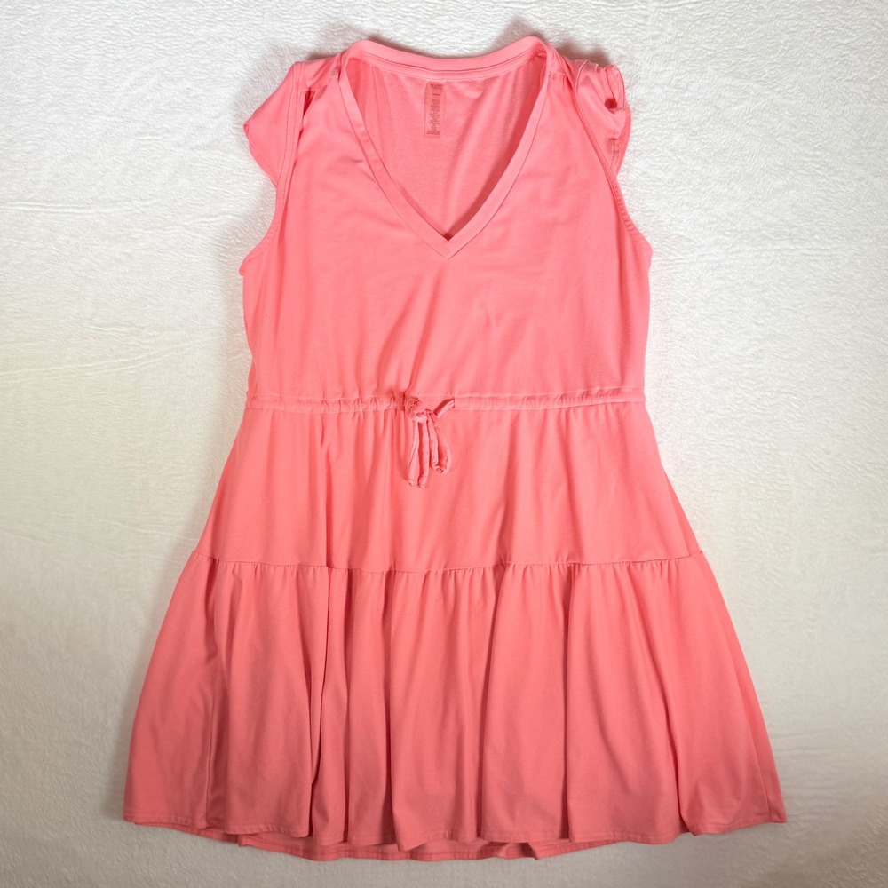 Beyond Yoga Coral Pink Tiered Ruffle Sleeve V Neck Casual Dress‎ M Y2K Style